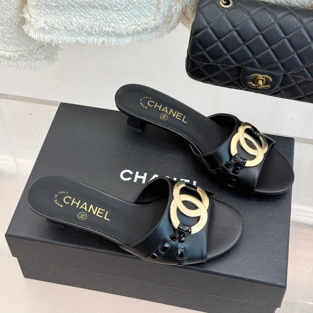 CC Flared Heel Mules Black Lambskin Leather 904665