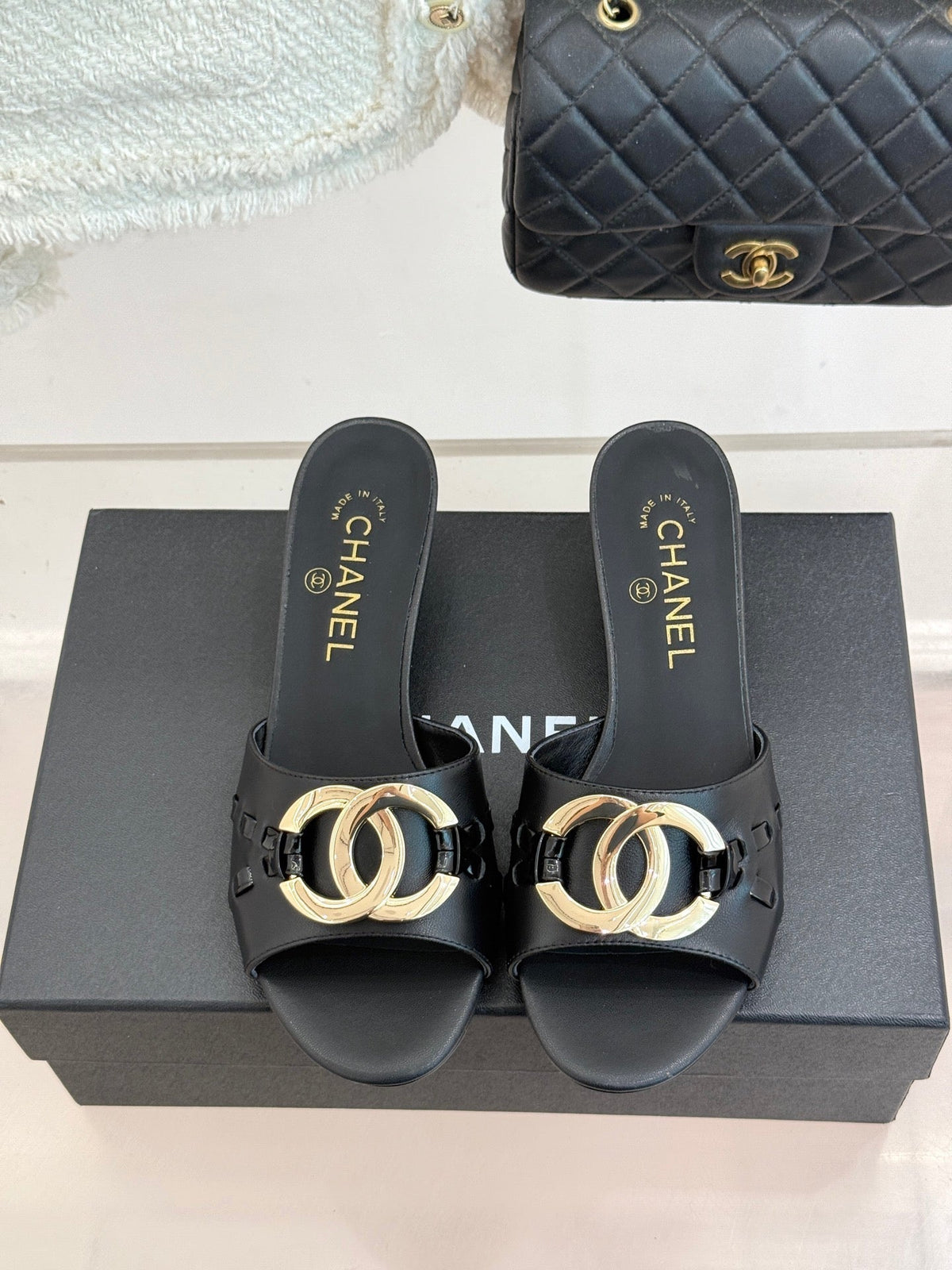 CC Flared Heel Mules Black Lambskin Leather 904665