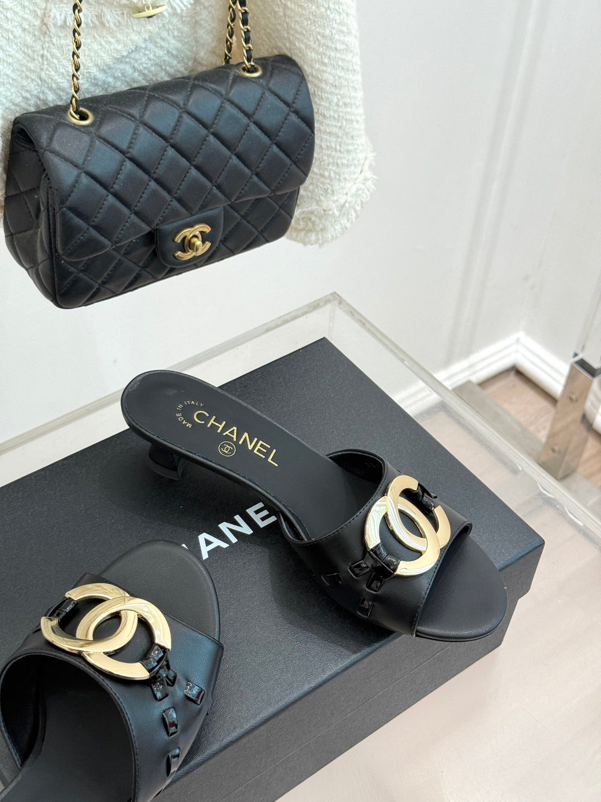 CC Flared Heel Mules Black Lambskin Leather 904665