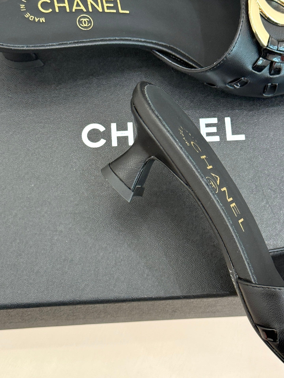CC Flared Heel Mules Black Lambskin Leather 904665