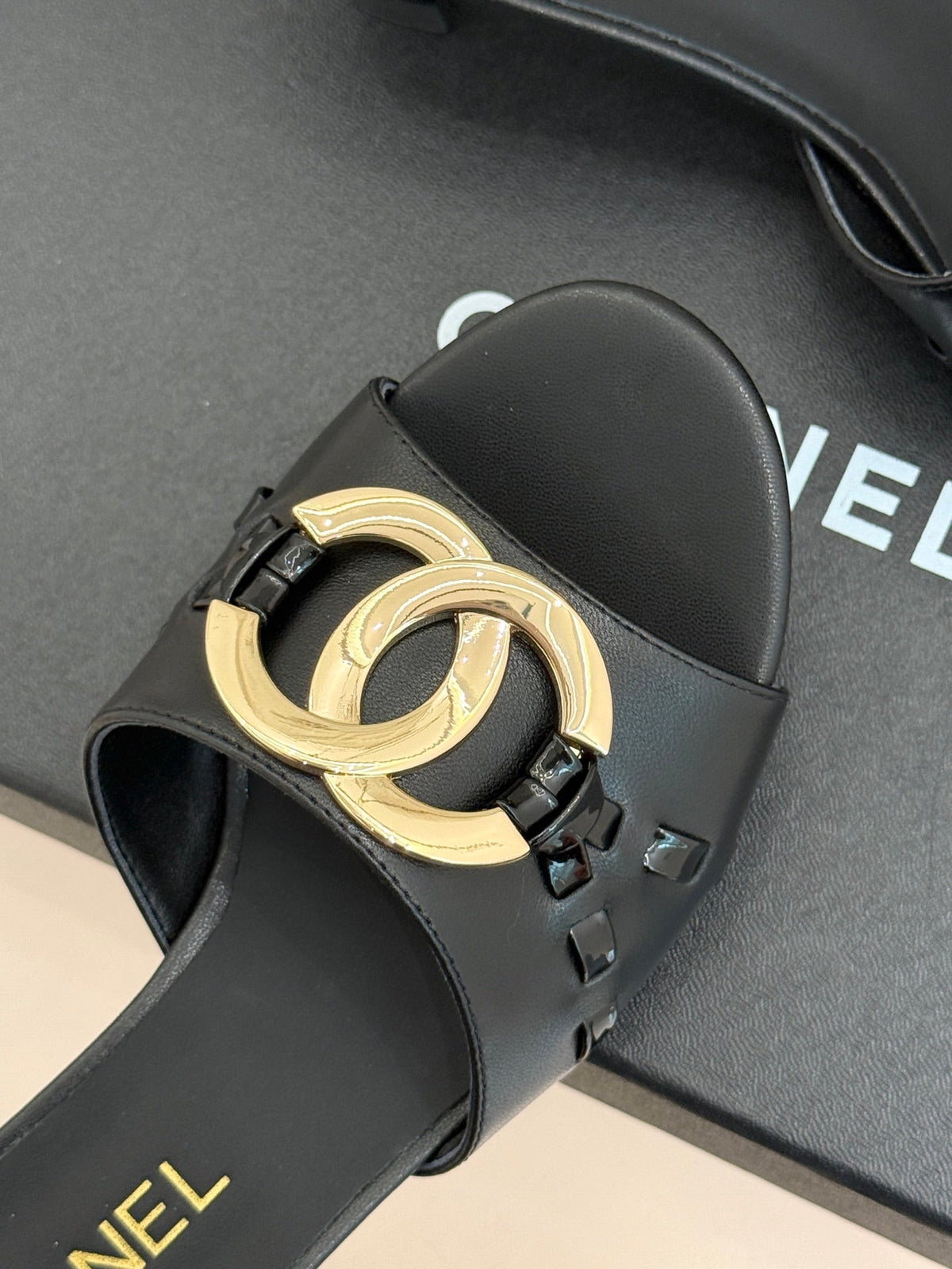 CC Flared Heel Mules Black Lambskin Leather 904665