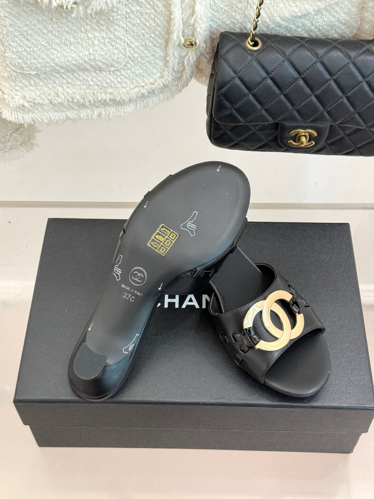CC Flared Heel Mules Black Lambskin Leather 904665
