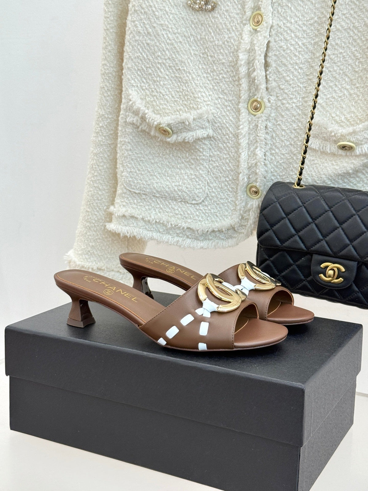 CC Flared Heel Mules Brown Lambskin Leather 904664