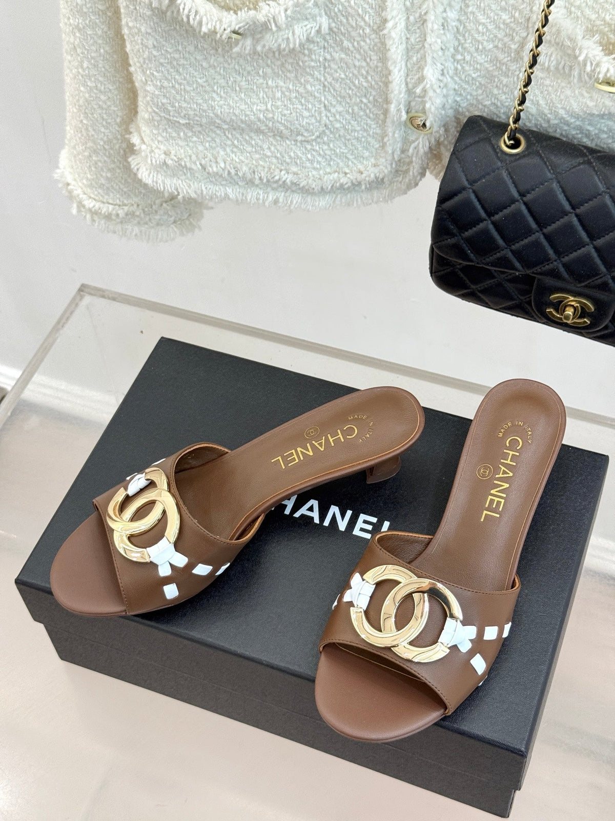 CC Flared Heel Mules Brown Lambskin Leather 904664