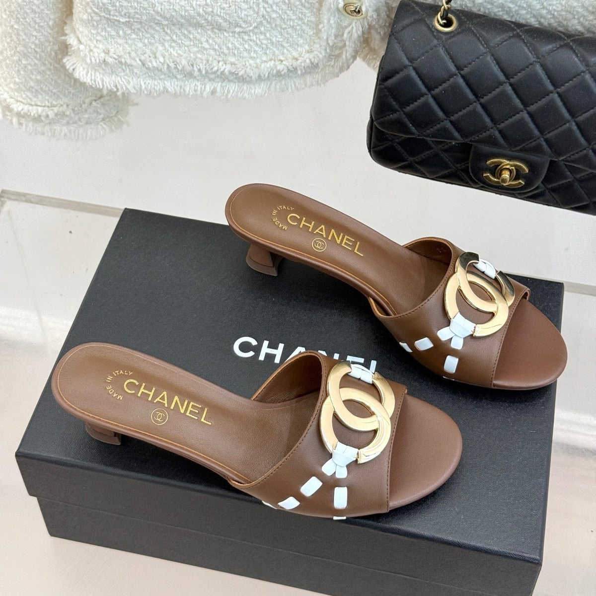 CC Flared Heel Mules Brown Lambskin Leather 904664