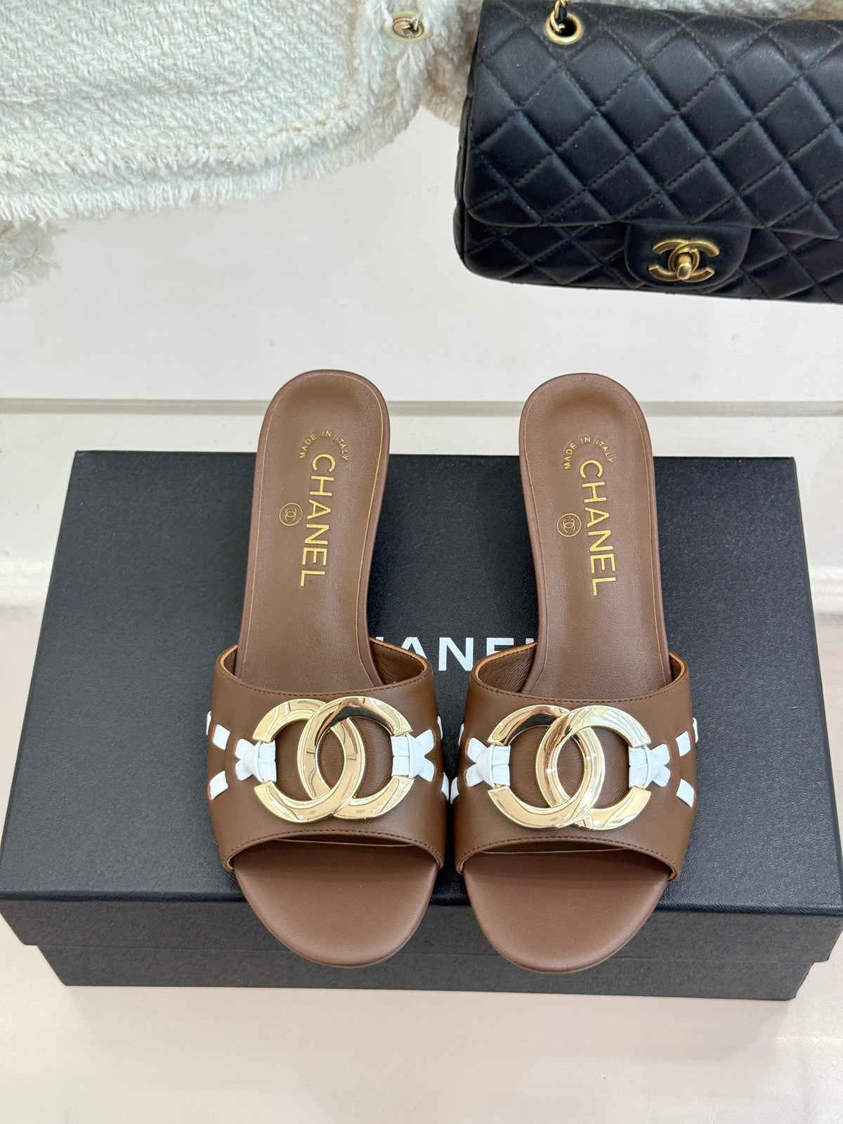 CC Flared Heel Mules Brown Lambskin Leather 904664
