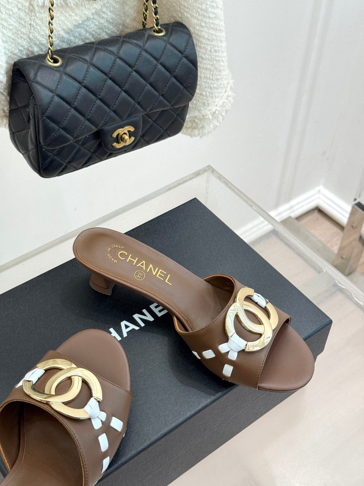 CC Flared Heel Mules Brown Lambskin Leather 904664