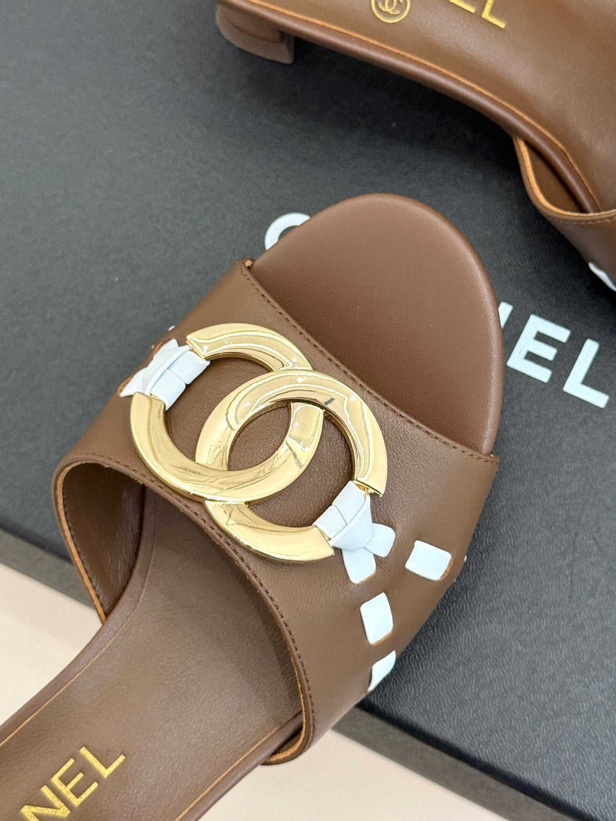 CC Flared Heel Mules Brown Lambskin Leather 904664