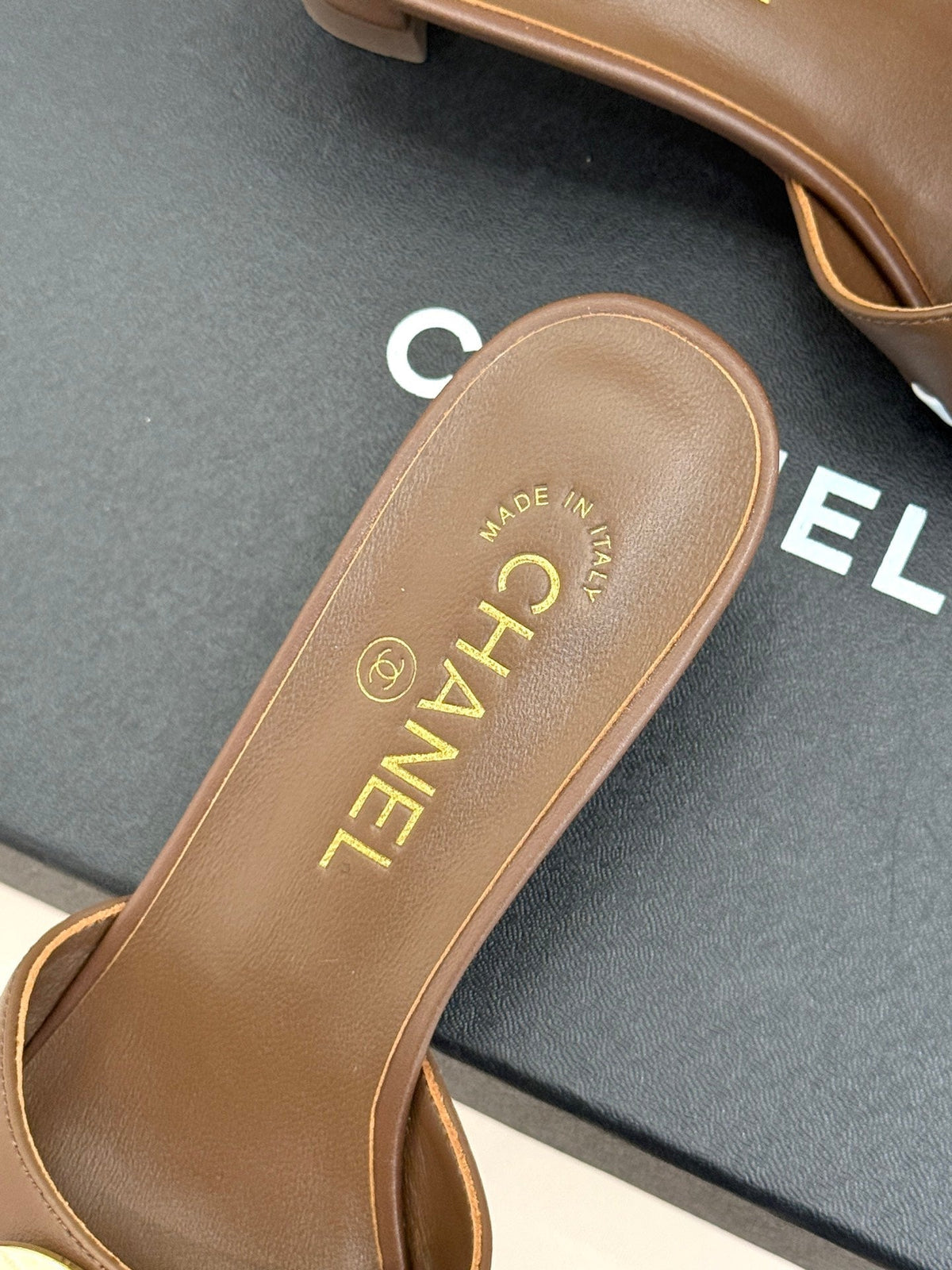 CC Flared Heel Mules Brown Lambskin Leather 904664