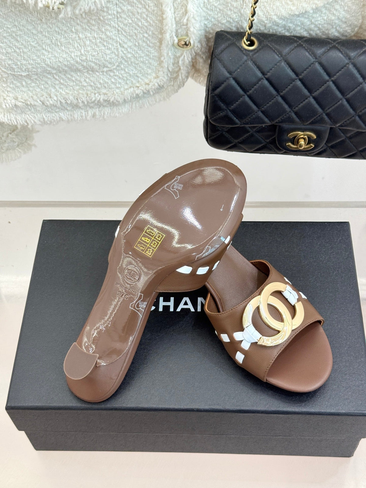 CC Flared Heel Mules Brown Lambskin Leather 904664