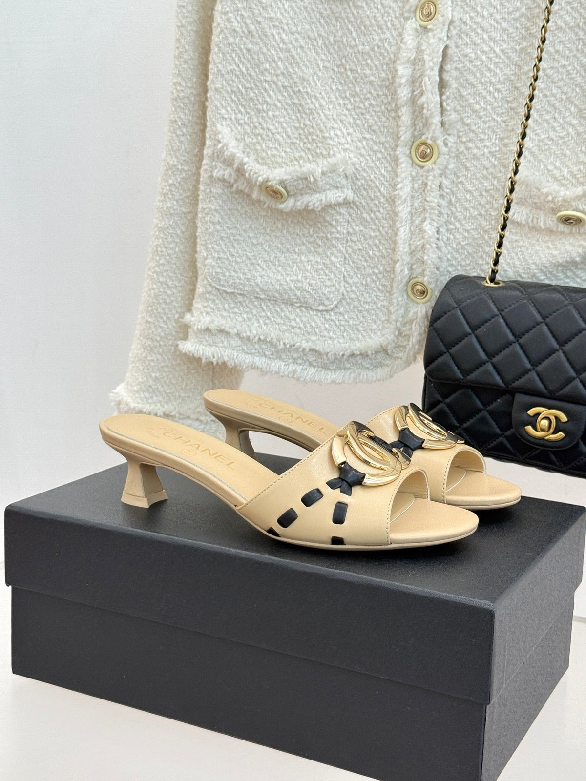 CC Flared Heel Mules Beige Lambskin Leather 904663