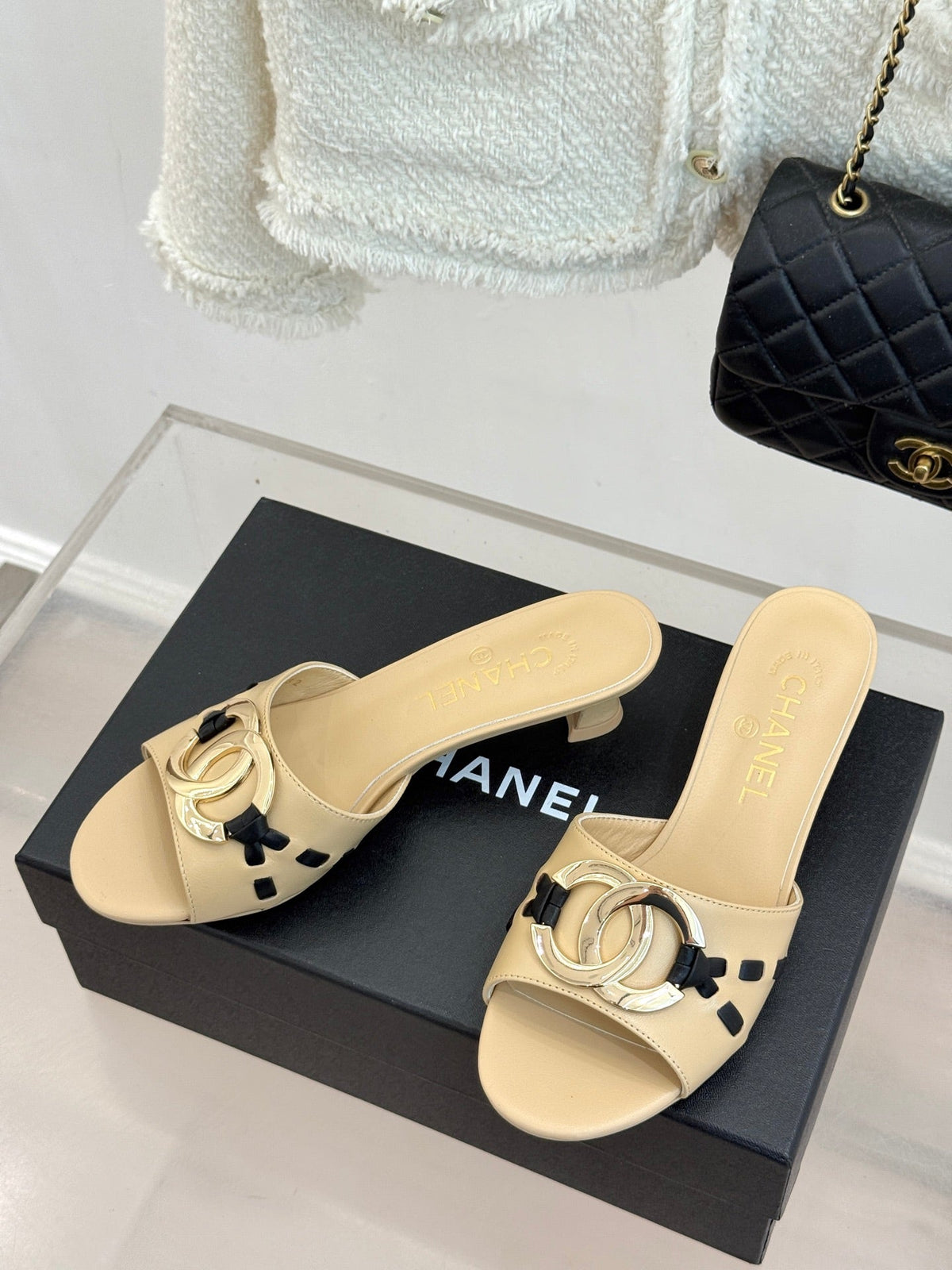 CC Flared Heel Mules Beige Lambskin Leather 904663