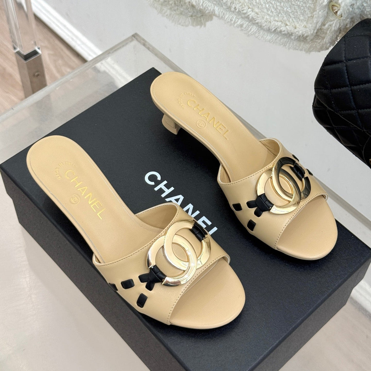 CC Flared Heel Mules Beige Lambskin Leather 904663