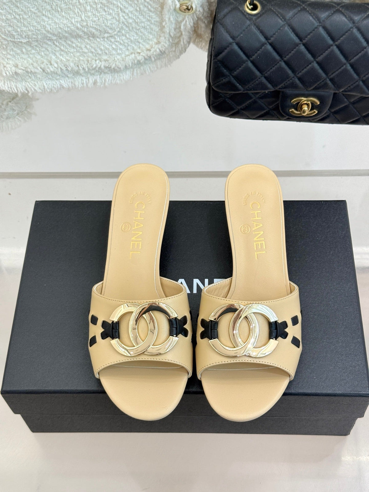CC Flared Heel Mules Beige Lambskin Leather 904663