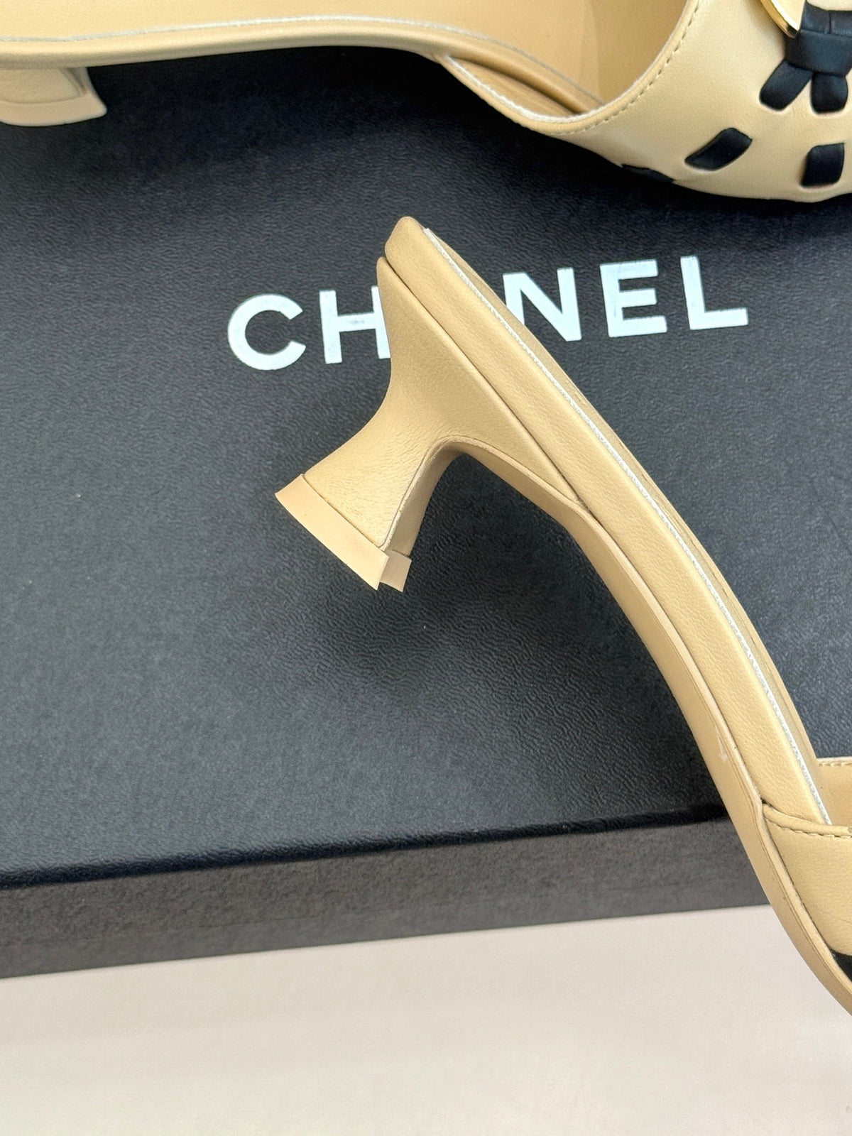 CC Flared Heel Mules Beige Lambskin Leather 904663