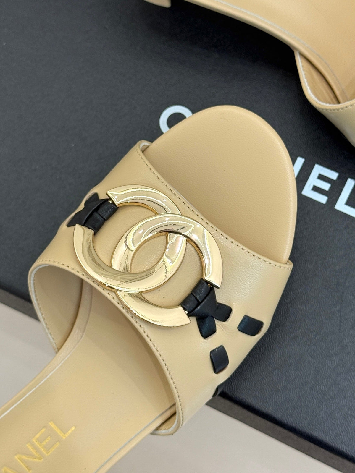 CC Flared Heel Mules Beige Lambskin Leather 904663