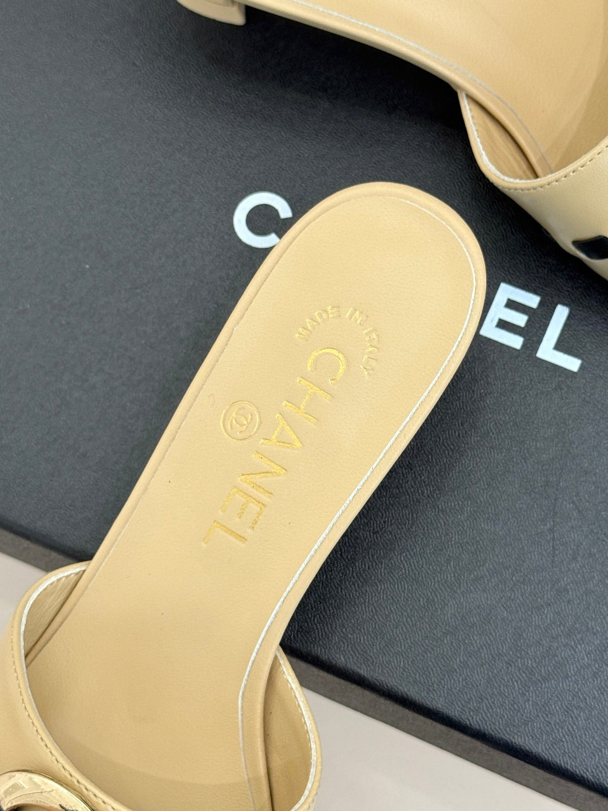 CC Flared Heel Mules Beige Lambskin Leather 904663