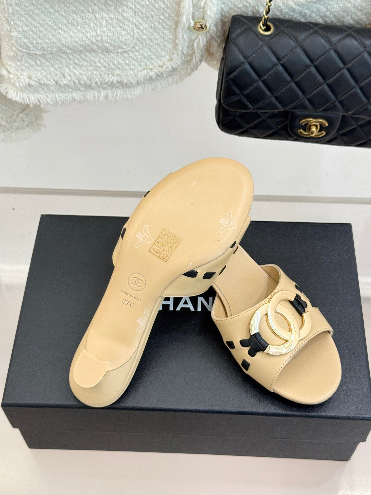 CC Flared Heel Mules Beige Lambskin Leather 904663
