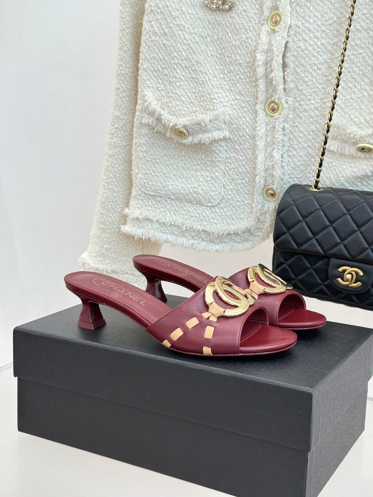 CC Flared Heel Mules Burgundy Lambskin Leather 904662