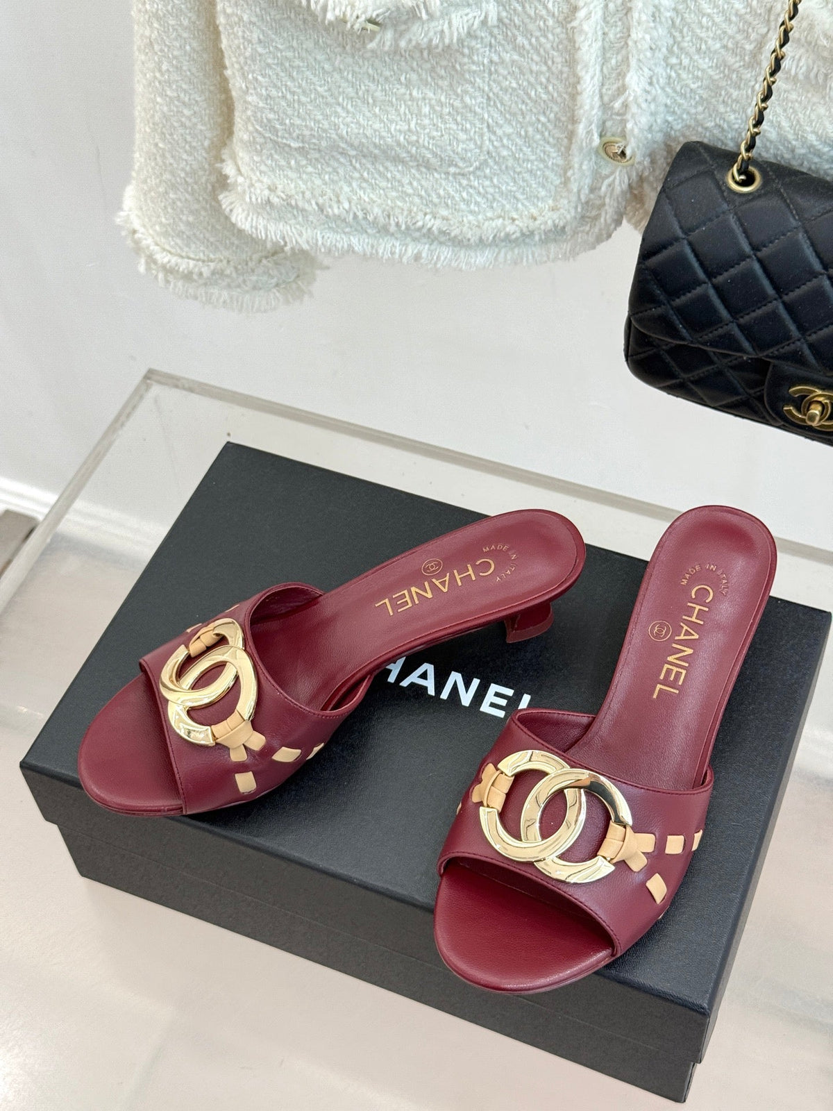 CC Flared Heel Mules Burgundy Lambskin Leather 904662