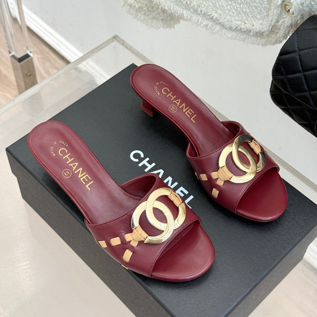 CC Flared Heel Mules Burgundy Lambskin Leather 904662