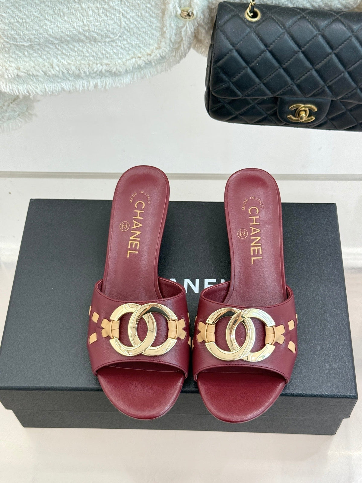 CC Flared Heel Mules Burgundy Lambskin Leather 904662