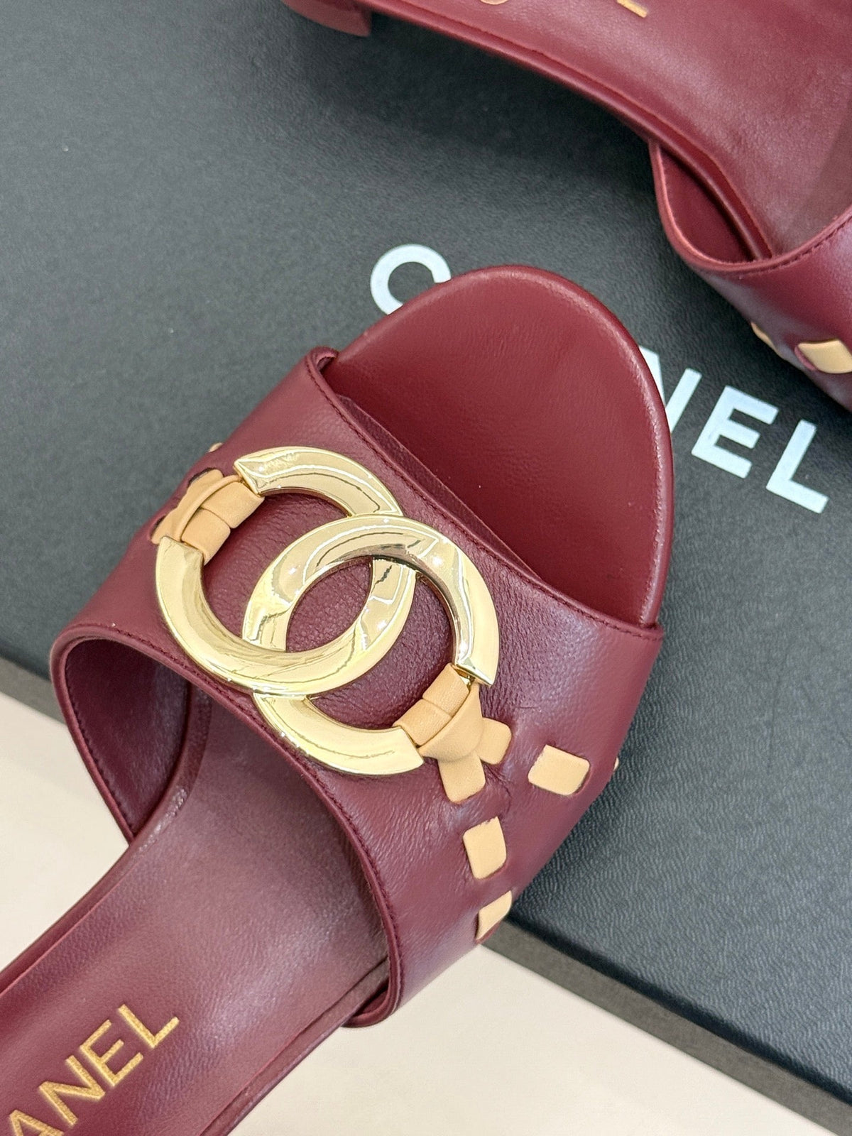 CC Flared Heel Mules Burgundy Lambskin Leather 904662