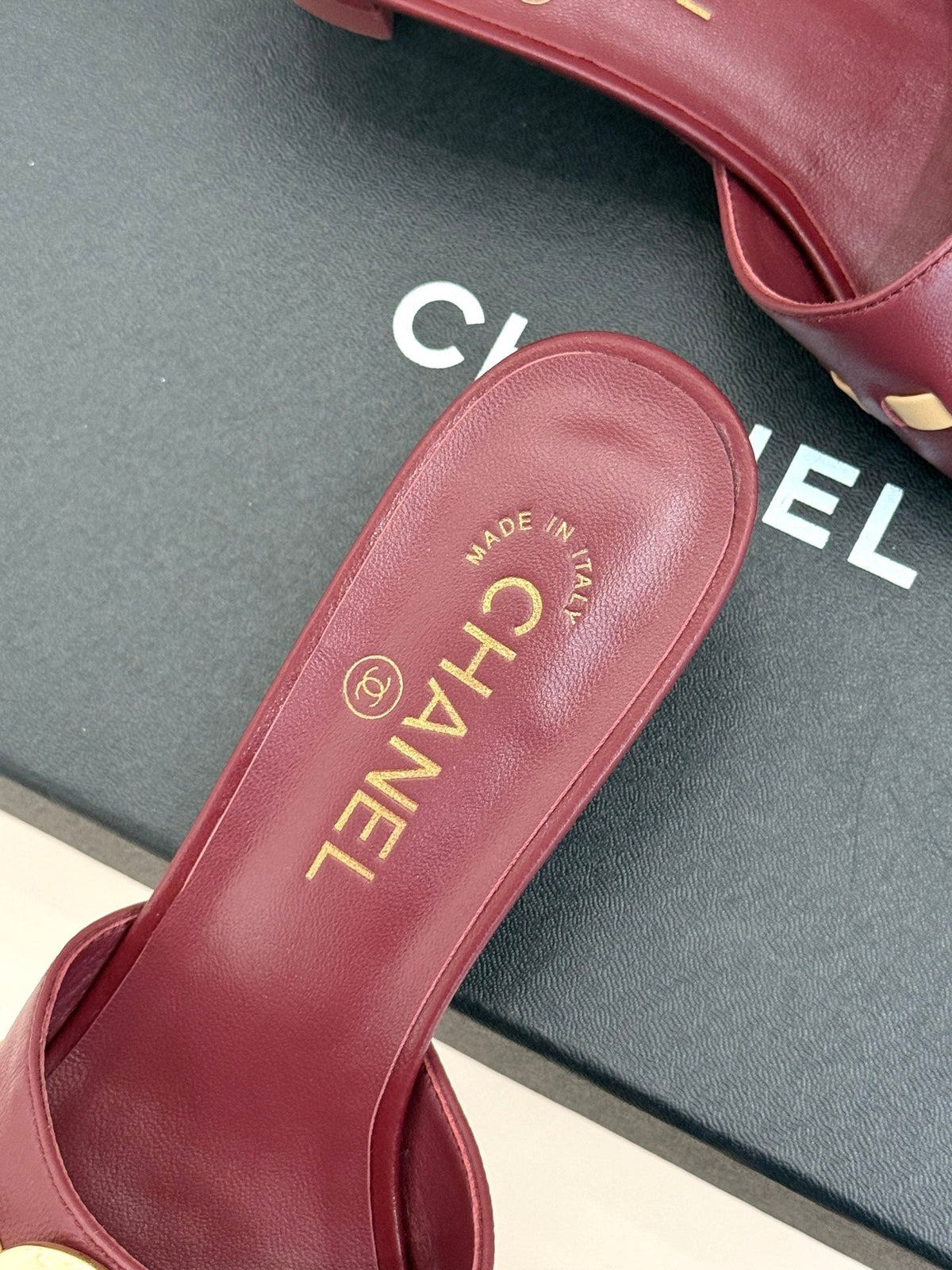 CC Flared Heel Mules Burgundy Lambskin Leather 904662