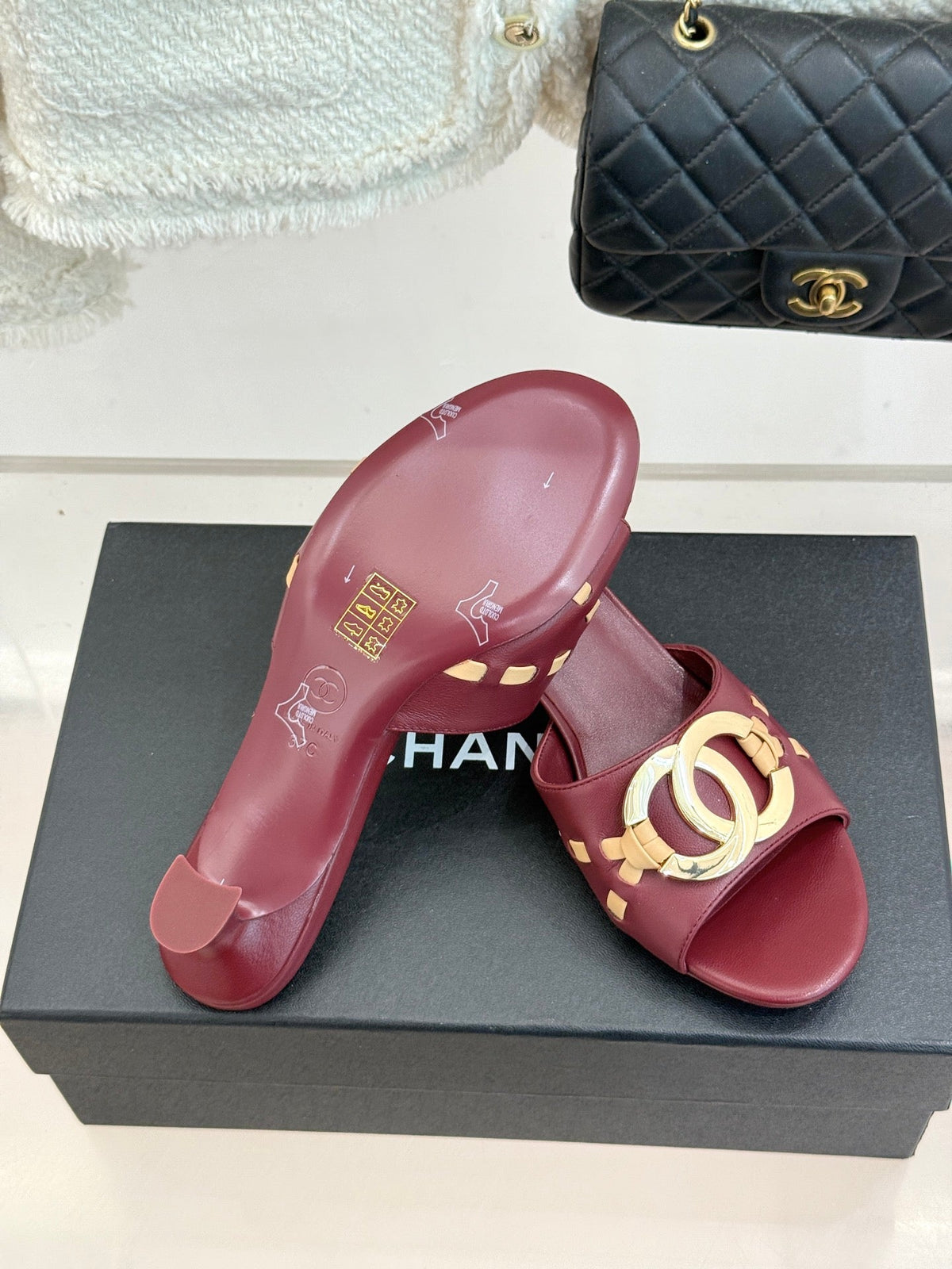 CC Flared Heel Mules Burgundy Lambskin Leather 904662