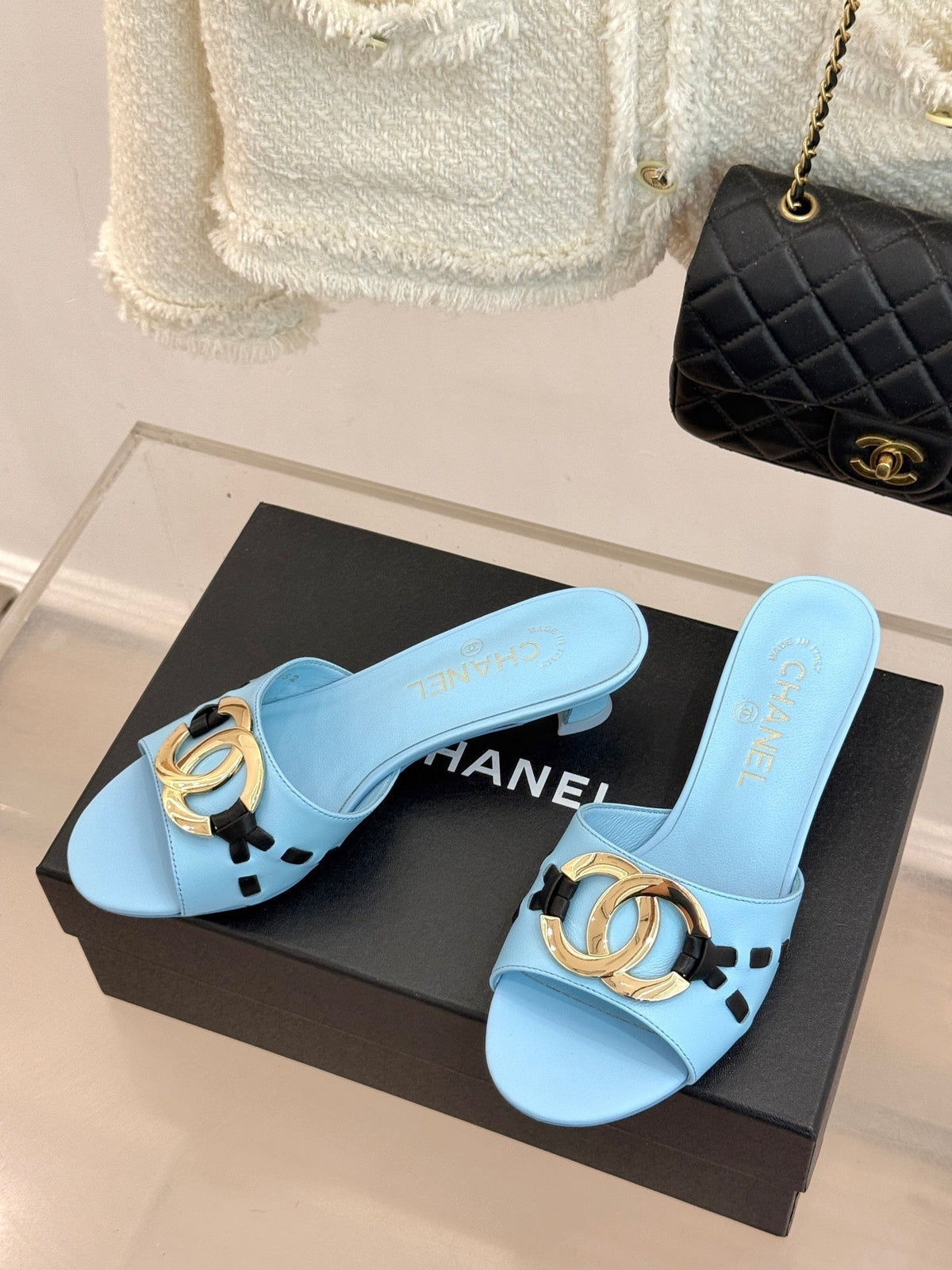 CC Flared Heel Mules Blue Lambskin Leather 904661