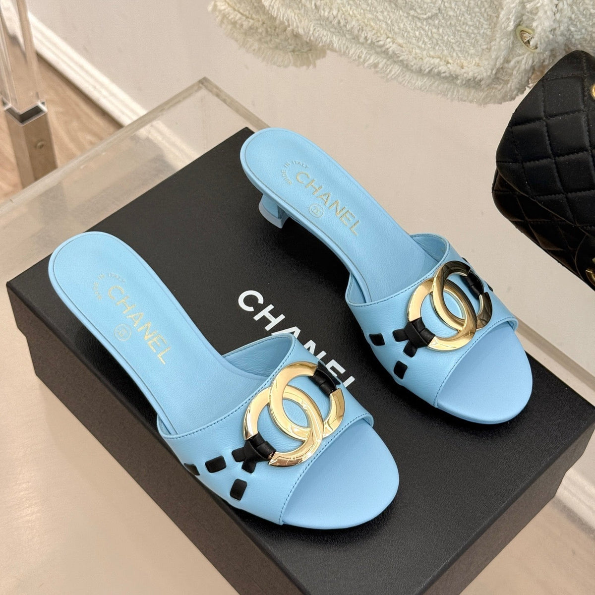 CC Flared Heel Mules Blue Lambskin Leather 904661