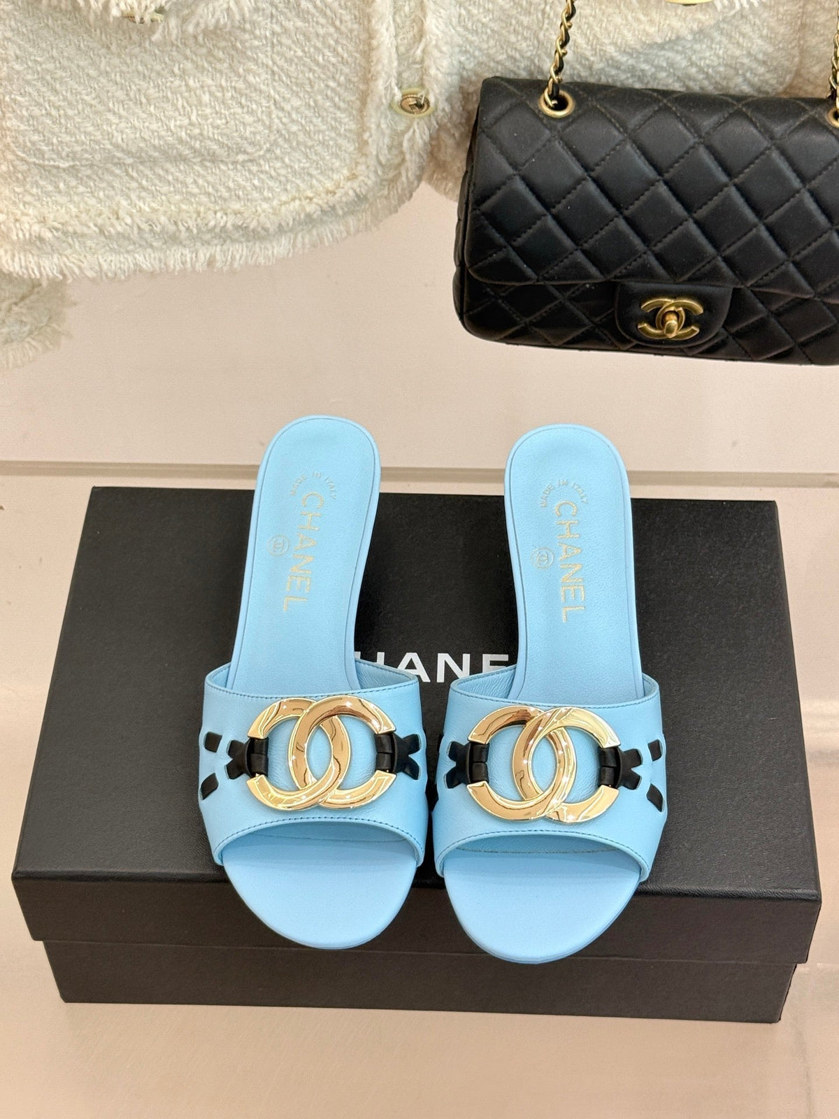 CC Flared Heel Mules Blue Lambskin Leather 904661