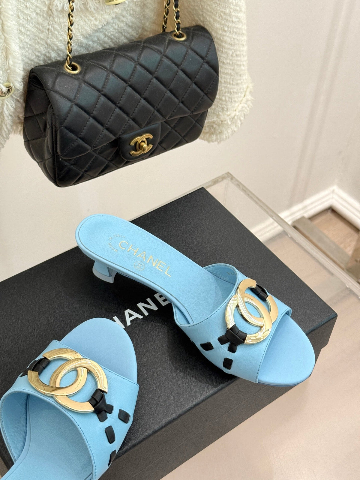 CC Flared Heel Mules Blue Lambskin Leather 904661