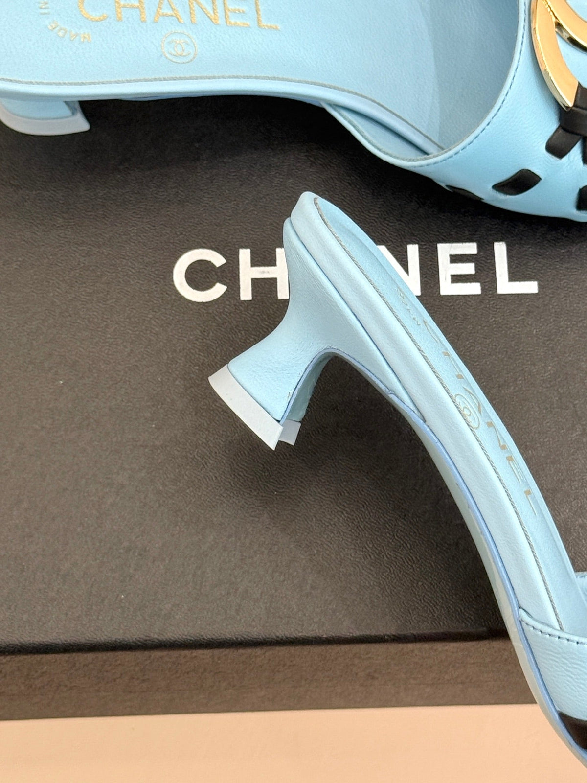 CC Flared Heel Mules Blue Lambskin Leather 904661