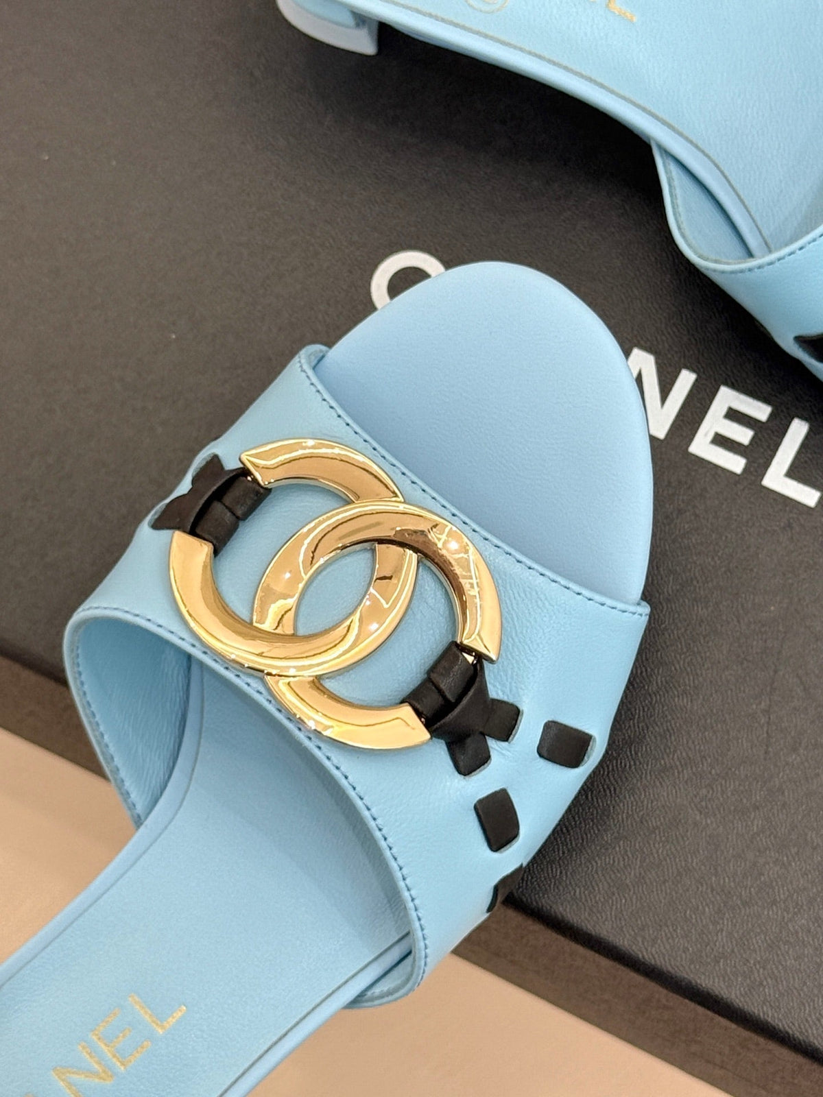 CC Flared Heel Mules Blue Lambskin Leather 904661