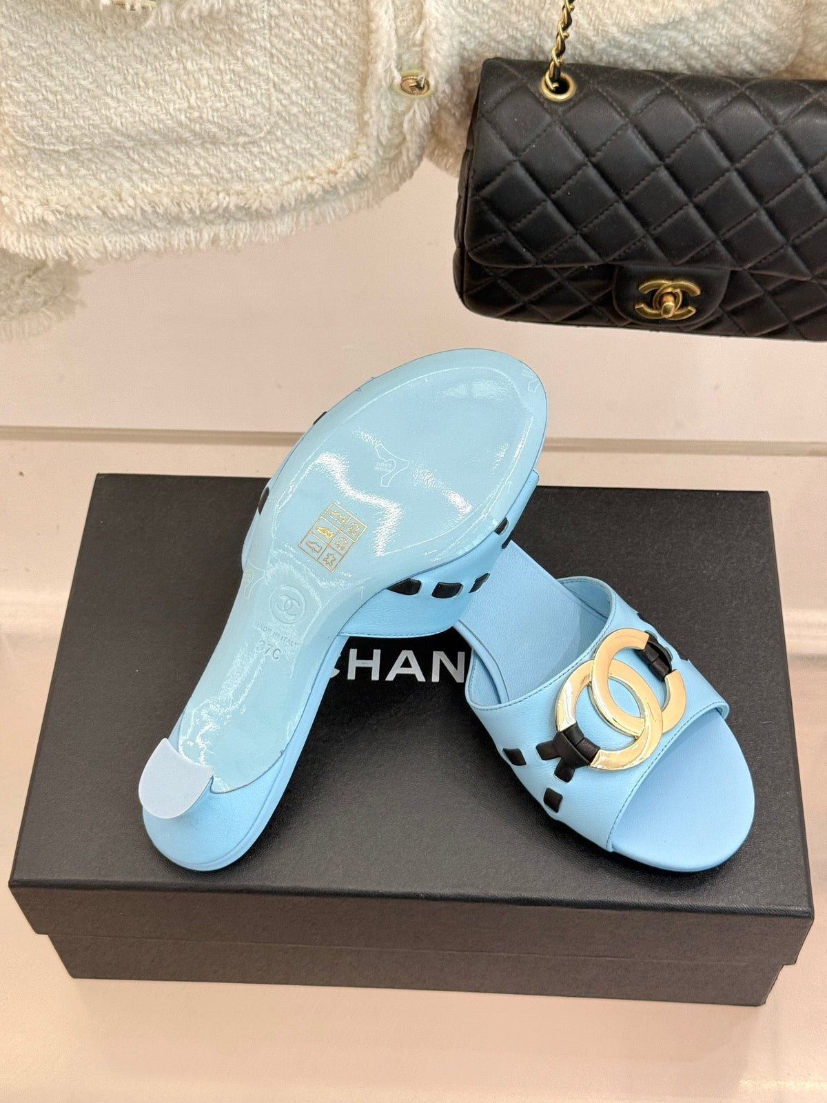 CC Flared Heel Mules Blue Lambskin Leather 904661