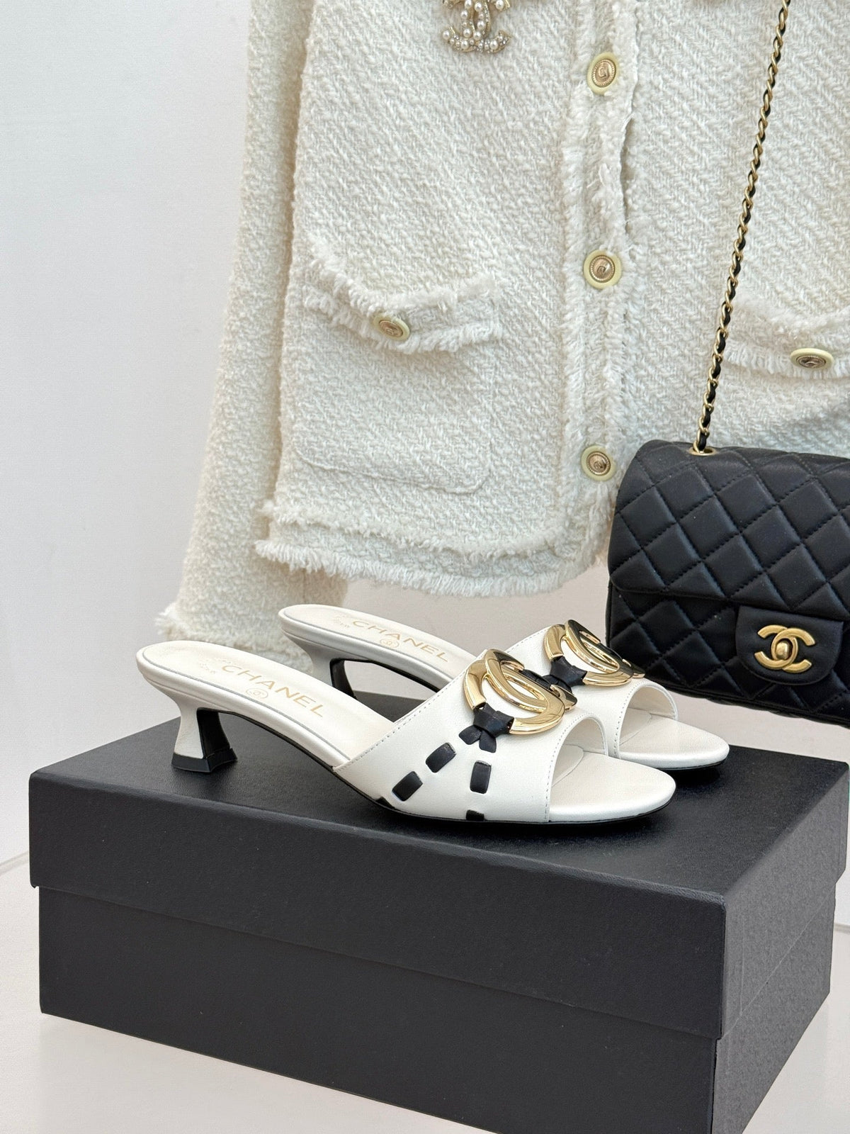 CC Flared Heel Mules White Lambskin Leather 904660