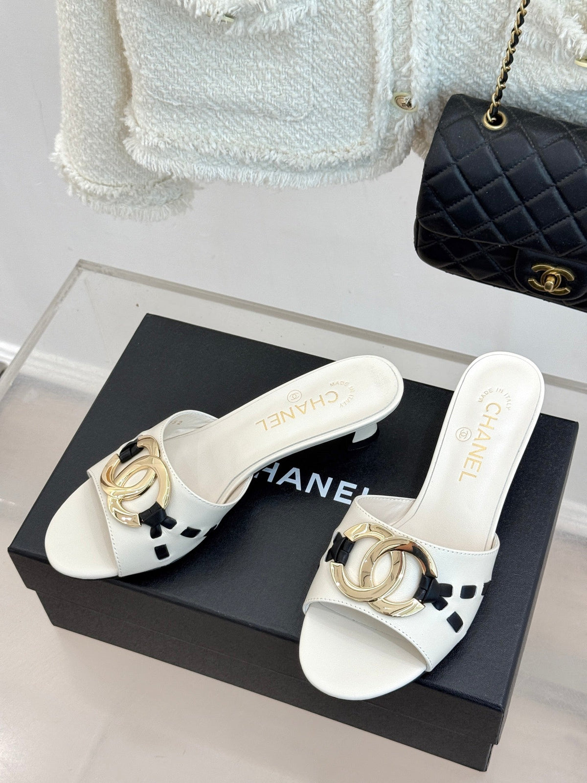 CC Flared Heel Mules White Lambskin Leather 904660