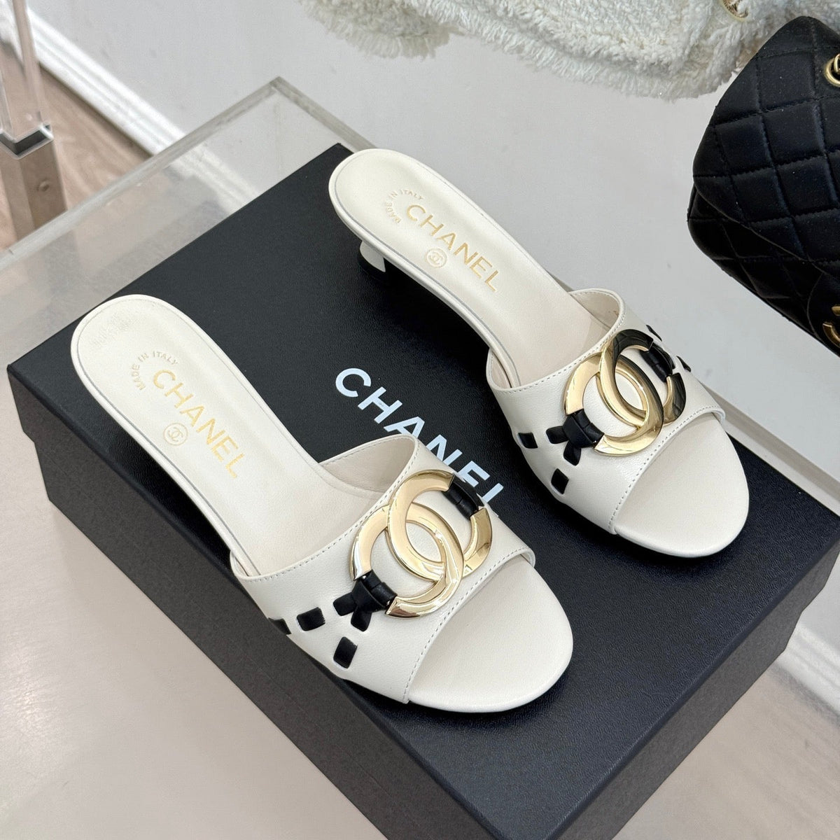 CC Flared Heel Mules White Lambskin Leather 904660