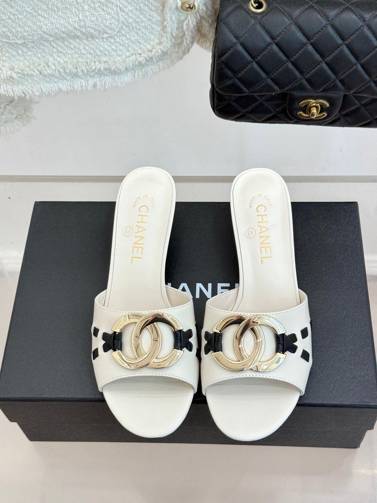 CC Flared Heel Mules White Lambskin Leather 904660