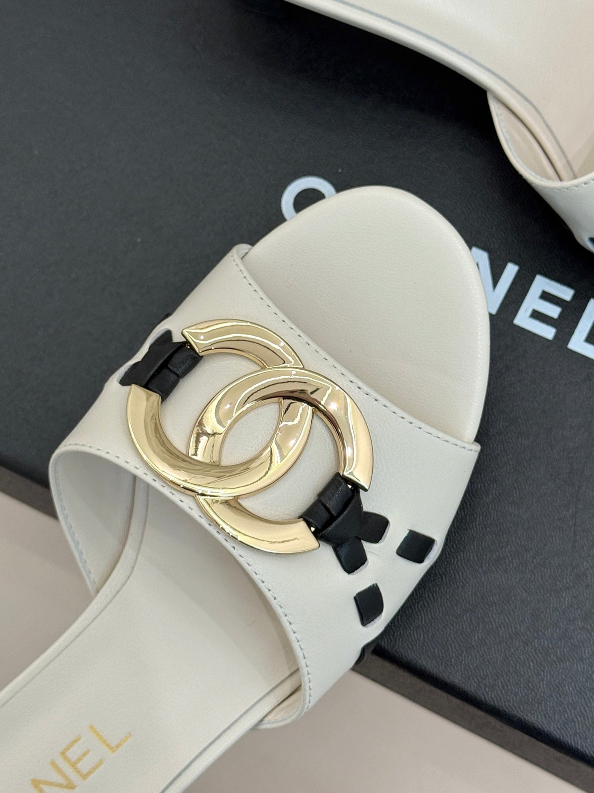 CC Flared Heel Mules White Lambskin Leather 904660