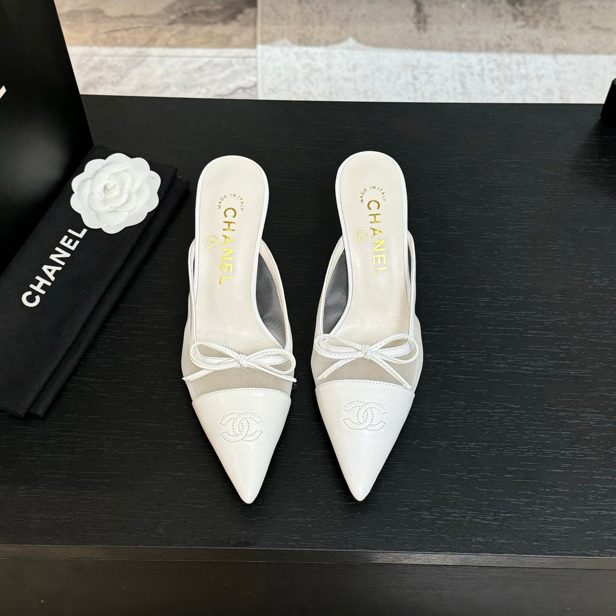 CC Bow Pointed Toe Mules White Mesh & Leather 912943