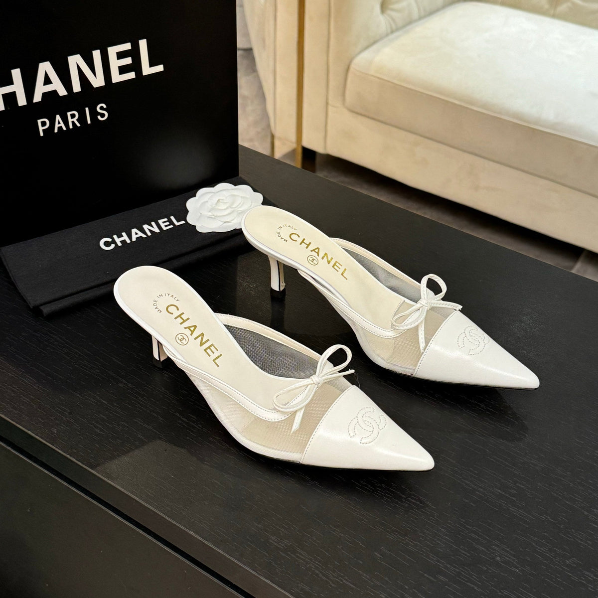 CC Bow Pointed Toe Mules White Mesh & Leather 912943