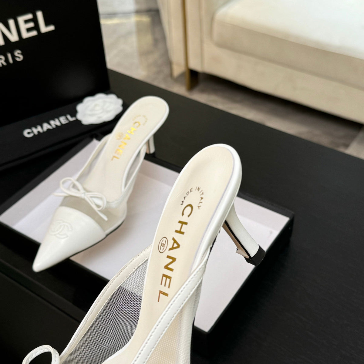CC Bow Pointed Toe Mules White Mesh & Leather 912943