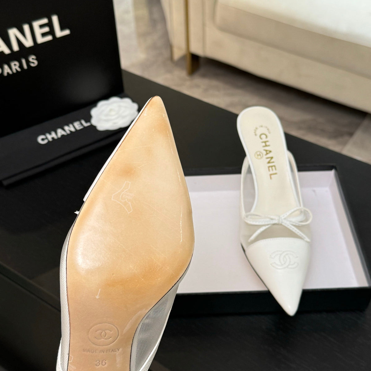 CC Bow Pointed Toe Mules White Mesh & Leather 912943