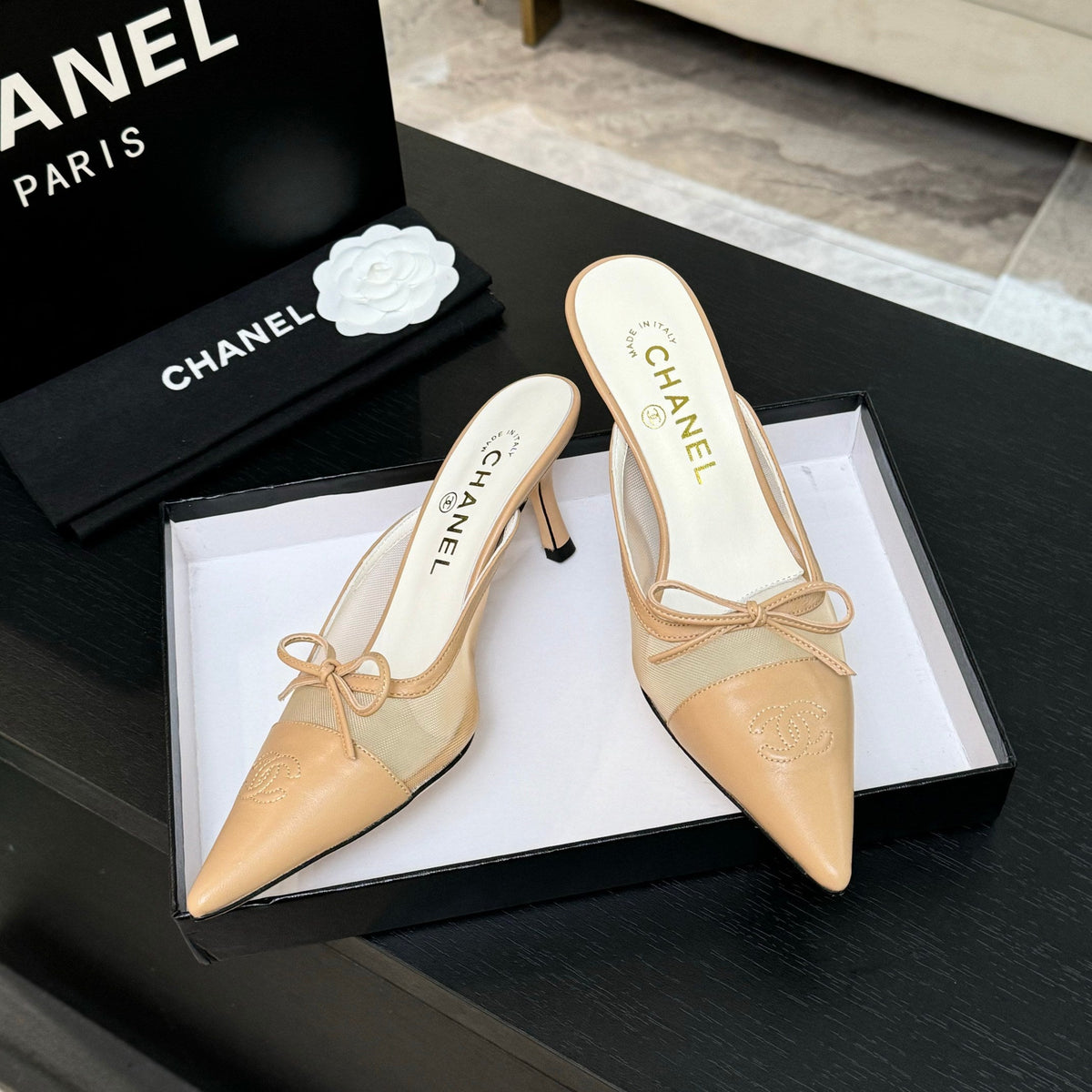 CC Bow Pointed Toe Mules Beige Mesh & Leather 912942