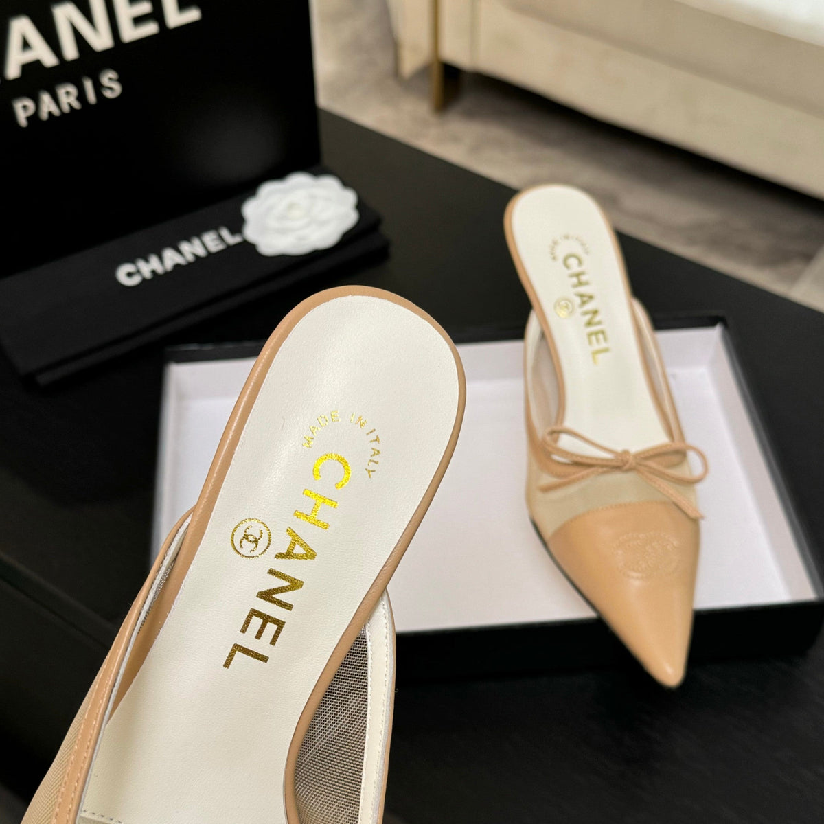 CC Bow Pointed Toe Mules Beige Mesh & Leather 912942