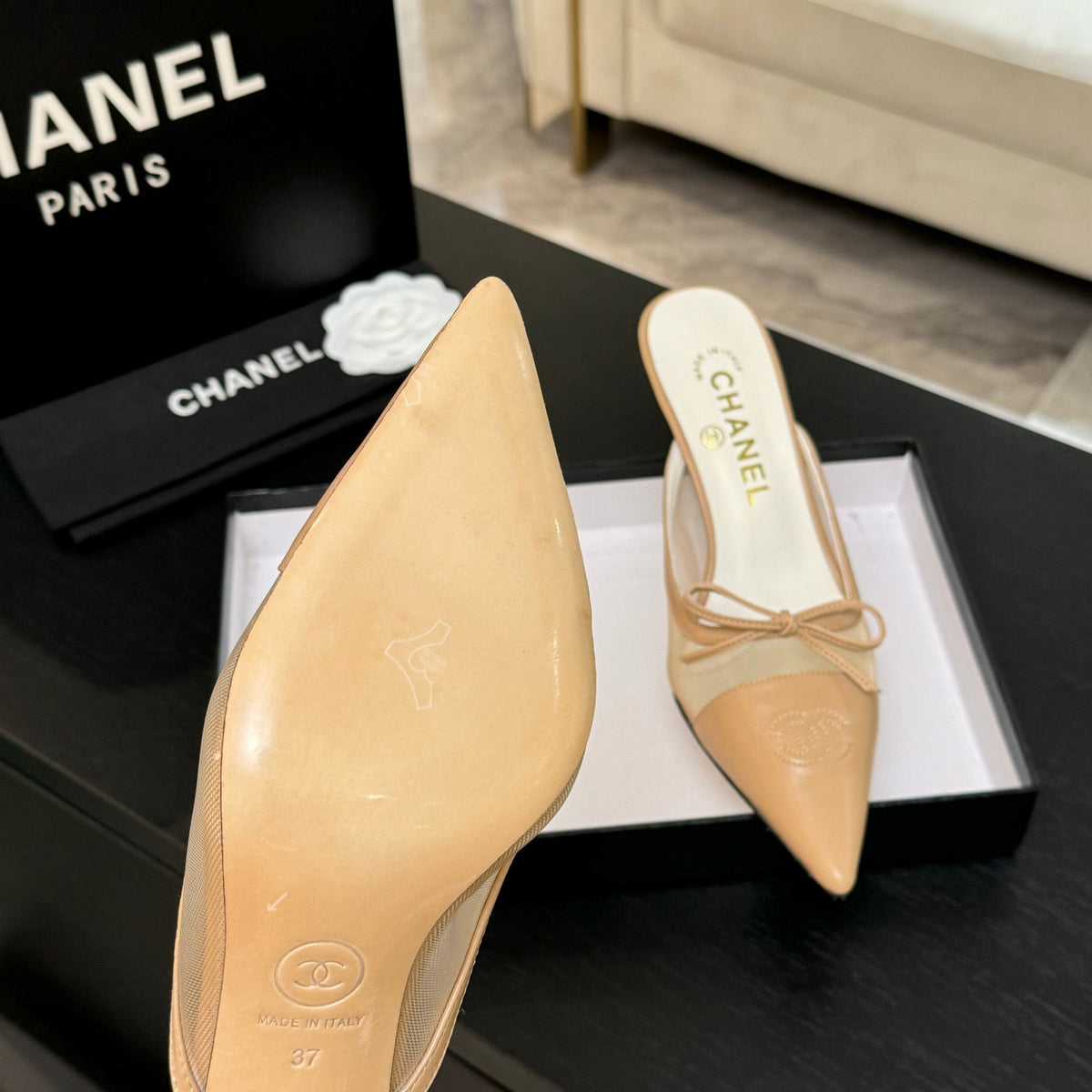 CC Bow Pointed Toe Mules Beige Mesh & Leather 912942