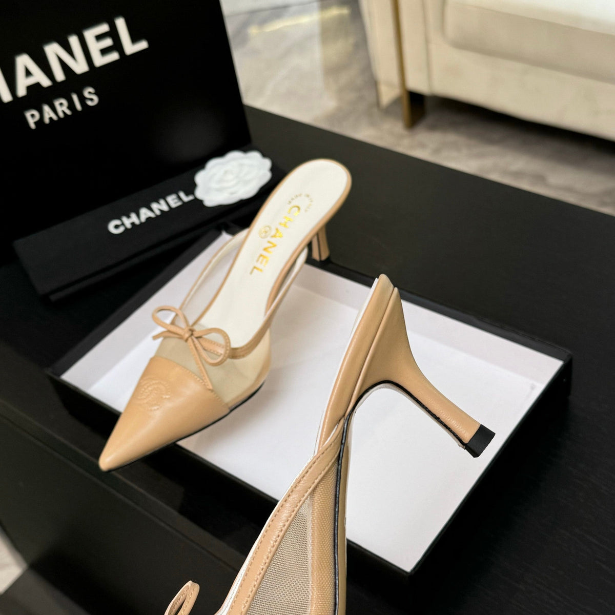 CC Bow Pointed Toe Mules Beige Mesh & Leather 912942