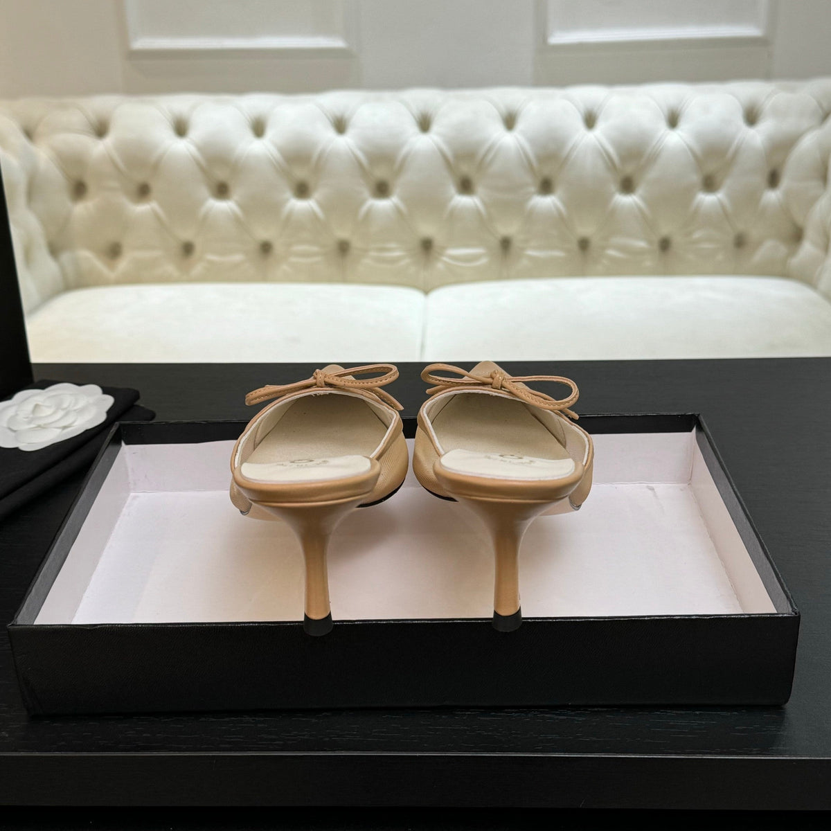 CC Bow Pointed Toe Mules Beige Mesh & Leather 912942